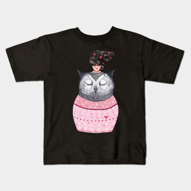 Owl with coffee Kids T-Shirt by kodamorkovkart